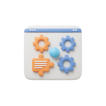 A white icon featuring gears, a sphere, and a settings icon representing configuration settings, used for applications. png