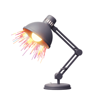 A grey desk lamp shines with a bulb and emanating colorful abstract light, adding a vibrant and unique aesthetic to home or office decor. png