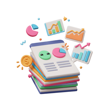 This vibrant 3D rendering shows financial reports with graphs and charts, representing data analysis and insights for business decisions. png