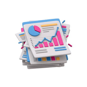 A 3D rendering shows a stack of business reports, complete with pie charts and bar graphs, illustrating data analysis and business performance reporting. png