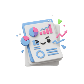 A 3D rendering shows a cute data report with graphs and charts, perfect for illustrating business analytics or reporting purposes. png