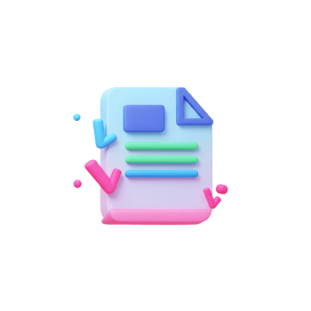 Stylized document is covered with colorful checkmarks and geometric shapes, representing verification and approval process for documents or form fillings. png