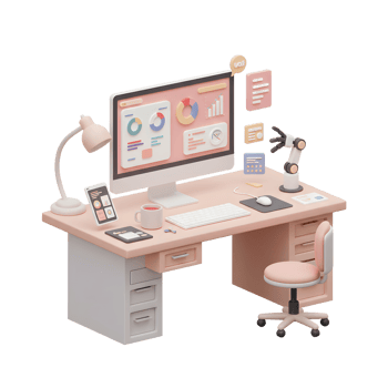 A desk setup features a computer displaying charts, along with various objects, showcasing a modern workspace for data analysis. png