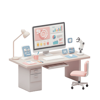 Pastel colored office desk setup with a computer displaying data analytics, accompanied by a robot arm, is shown for use in office work. png
