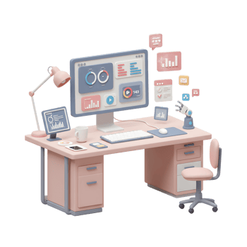 A pastel office desk setup with computer showing data charts and other icons, suitable for visualizing data analysis or remote work. png