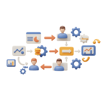 A 3D rendered illustration shows a diagram of a business workflow with human figures and arrows depicting a data flow for illustrating business processes. png