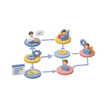 Isometric workflow diagram shows workers interacting with gears, arrows, and information, illustrating an organization's structure and process. png