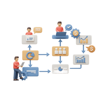 A 3D render of a workflow diagram shows figures interacting with charts, gears, and money icons, illustrating business processes and strategies. png