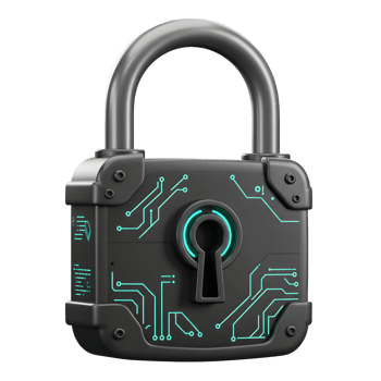 A black padlock features a futuristic circuit design with turquoise lines, adding a modern touch to secure items. png