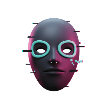 A dark mask with teal rings around the eyes is glitching, set against a white background for digital use. png