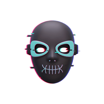 A glitching black mask with stitched mouth and neon eyes conveys a sense of dystopian mystery for costume or artistic purposes. png