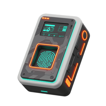 Close up shows a futuristic device with fingerprint scanner, digital display, and neon lights, which can be used for security or identification purposes. png