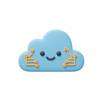 A light blue smiling cloud decorated with orange circuit patterns is presented on a white background, ideal for showcasing tech or cloud solutions. png