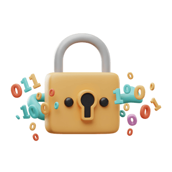 A yellow padlock is surrounded by floating binary code, suggesting digital security and data protection. png