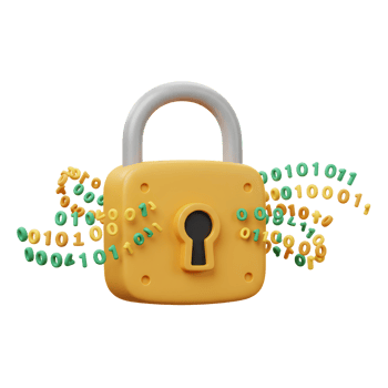 A yellow padlock is surrounded by binary code numbers to represent digital security and encryption. png