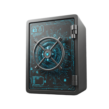 A digital safe with a combination lock is displayed, decorated with an electronic circuit design and illuminated by blue light, ideal for secure data storage. png