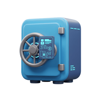 A blue safe featuring a wheel handle and an informational panel showcasing file directory and lock icons for secure storage. png
