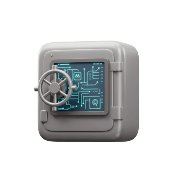 A gray digital safe with a circuit board graphic displays security, representing a secure vault or container for digital assets and data. png