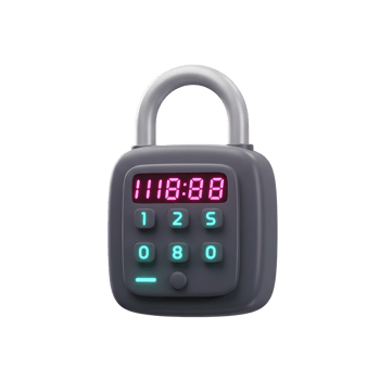 A grey digital lock with an illuminated keypad displays the time 11 18 88, often used for securing access. png