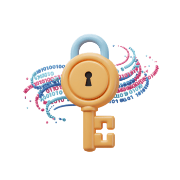 An orange and blue key unlocks a colorful stream of digital data, representing security and privacy for online information. png