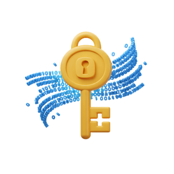 A golden key is displayed in front of a stream of blue binary code, symbolizing digital security and data protection. png