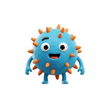 A light blue cartoon virus character with orange spikes is standing and smiling, perfect for educational or humorous content. png
