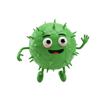 A green, spiky ball character is waving with a happy expression, depicted in a cartoonish style for educational or playful contexts. png