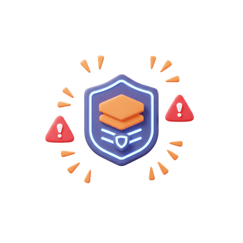 A shield surrounded by warning signs symbolizes data security threats and protection, used to visualize cyber safety concepts. png