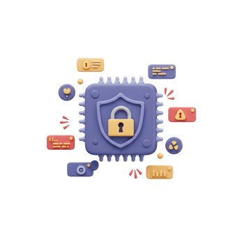 A stylized illustration featuring a CPU with a shield and padlock emphasizes cyber security for protecting digital information. png