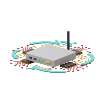 A router is surrounded by circuit boards and a turquoise arrow in a digital art style indicating connectivity for internet access. png