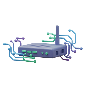 This is an illustration of a wireless router with antenna and colorful wires, representing network connectivity for home or office. png