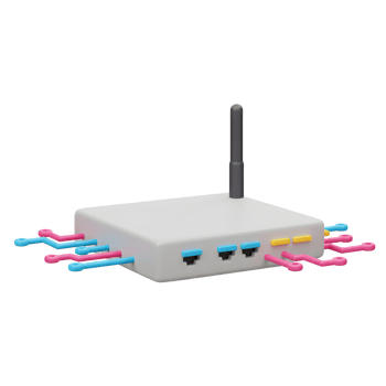 A white wireless router with a grey antenna and pink and blue cables is displayed, used for internet connection. png