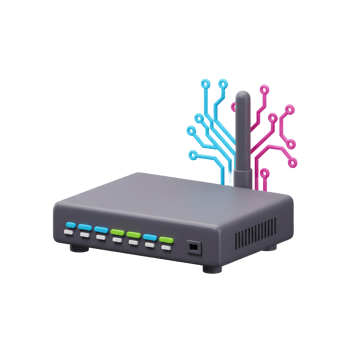 A wireless router is displayed with blue and pink network line decorations to represent communication, for home networking. png