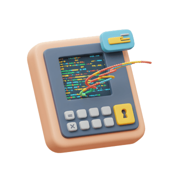 A playful, cartoon computer with colorful code strings emerging from the screen is shown, likely representing digital security or software development. png