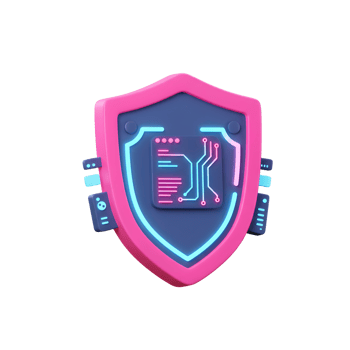 This digital shield features a neon outline and circuit board design, creating a symbol of technology safety for online security concepts. png