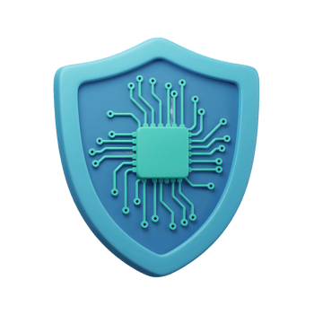 Blue shield with a microchip integrated symbolizes protection and security of technology, representing its utilization in cybersecurity. png