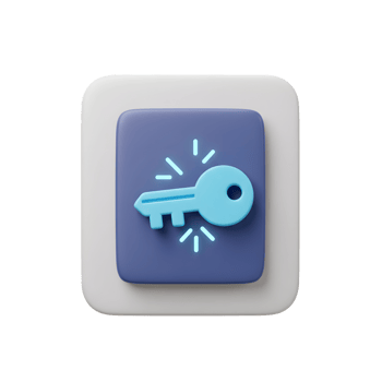 A light blue key icon surrounded by light rays is displayed on a blue and white square background for security access. png