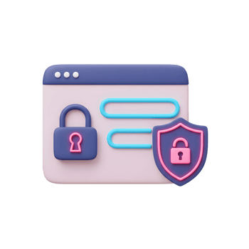 This 3D render depicts online security features, including a browser window, shield, and locks, representing protection for accessing websites. png