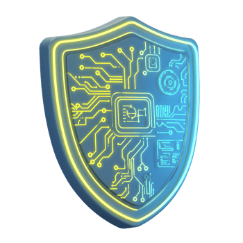 A digital shield features a circuit board design with glowing lines, suggesting cyber security technology for secure online protection. png