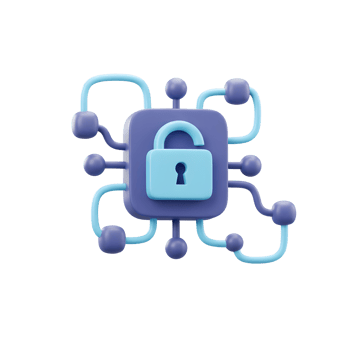 A 3D render shows a light blue, open padlock sitting atop a violet computer chip surrounded by connectors, useful for illustrating cybersecurity concepts. png