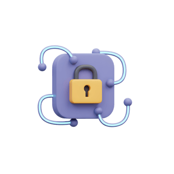 A 3D rendering shows a gold padlock on a purple block with neon accents, symbolizing data protection and privacy. png