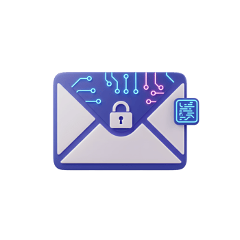 A 3D render of an envelope with a padlock and circuit board pattern represents a secure email, emphasizing data protection and privacy in digital communications. png
