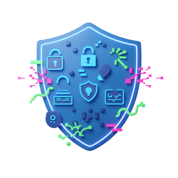 This digital security shield features lock icons, suggesting protection of online information and systems for safety purposes. png