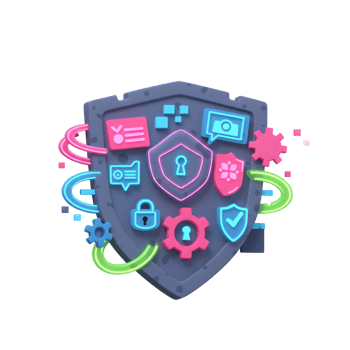 A cyber security shield protects data with neon elements like locks and gears, signifying secure technology for safeguarding information. png