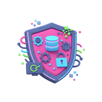 A shield protects data and settings with database, gears, lock icon and neon lights, showing its use in data protection and security. png