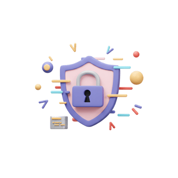 A 3D shield with a lock symbolizes data protection and security measures, suitable for presentations or website graphics. png