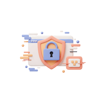 This stylized 3D rendering shows a padlock on a shield, placed in front of a website graphic, representing secure online activity for secure website access. png
