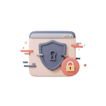 A webpage is secured with a shield and padlock, representing security and protection for online information and transactions. png