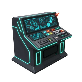 A futuristic console features a variety of screens, buttons, and a sleek design with glowing cyan lines, suitable for use in science fiction or gaming contexts. png
