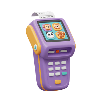 A purple toy payment terminal features animal icons on the screen, suitable for educational or recreational purposes. png